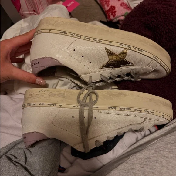 Golden Goose White Leather Sneakers with Gold Star and Pink Heel - Picture 4 of 6